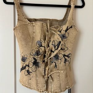 Floral Lace-Up Tan Jean Top